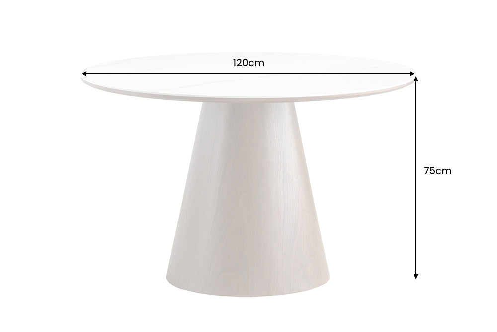 Runder Esstisch UNIQUE 120cm weiß braun Walnussholz Keramik Marmor Säulenfuß