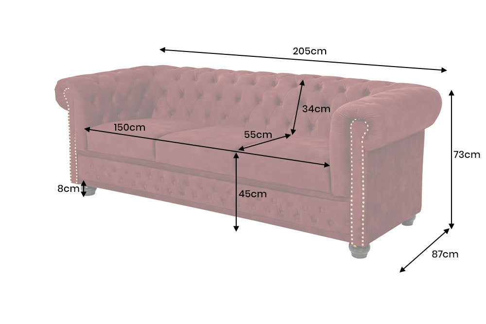 CHESTERFIELD Barock Sofa  205cm Samt Federkern Knopfheftung 3-Sitzer Couch