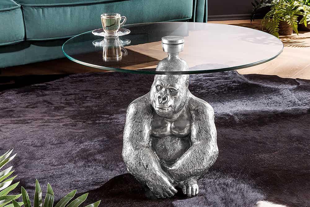 WILDLIFE KONG Runder Couchtisch 60cm silber Metall Glas Affenfigur Gorilla Skulptur handmade