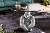 WILDLIFE KONG Runder Couchtisch 60cm silber Metall Glas Affenfigur Gorilla Skulptur handmade