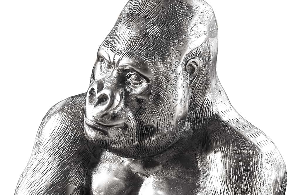 WILDLIFE KONG Runder Couchtisch 60cm silber Metall Glas Affenfigur Gorilla Skulptur handmade