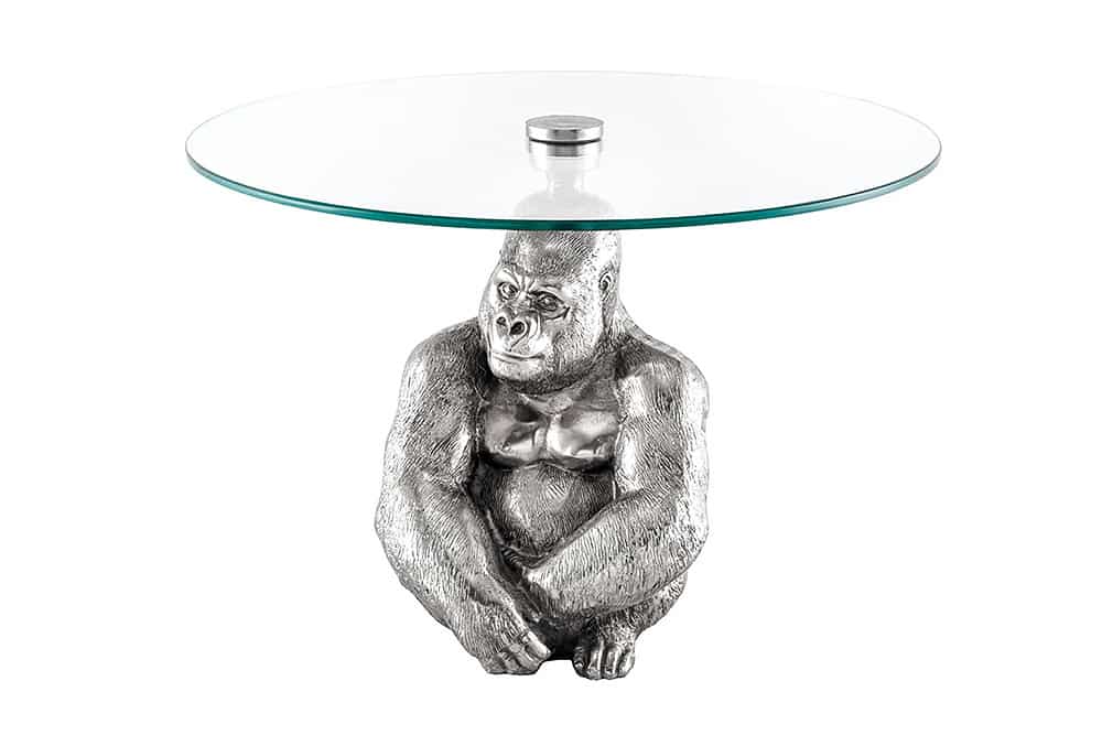 WILDLIFE KONG Runder Couchtisch 60cm silber Metall Glas Affenfigur Gorilla Skulptur handmade