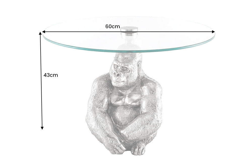 WILDLIFE KONG Runder Couchtisch 60cm silber Metall Glas Affenfigur Gorilla Skulptur handmade