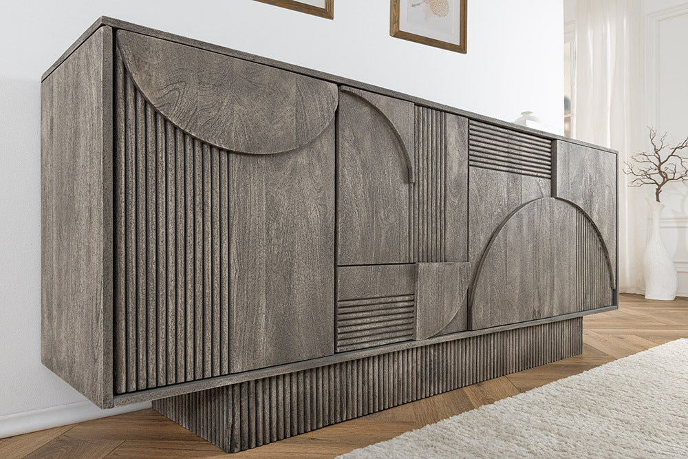 ART DECO Design Sideboard 170cm grau smoked Mangoholz massiv 3D-Front