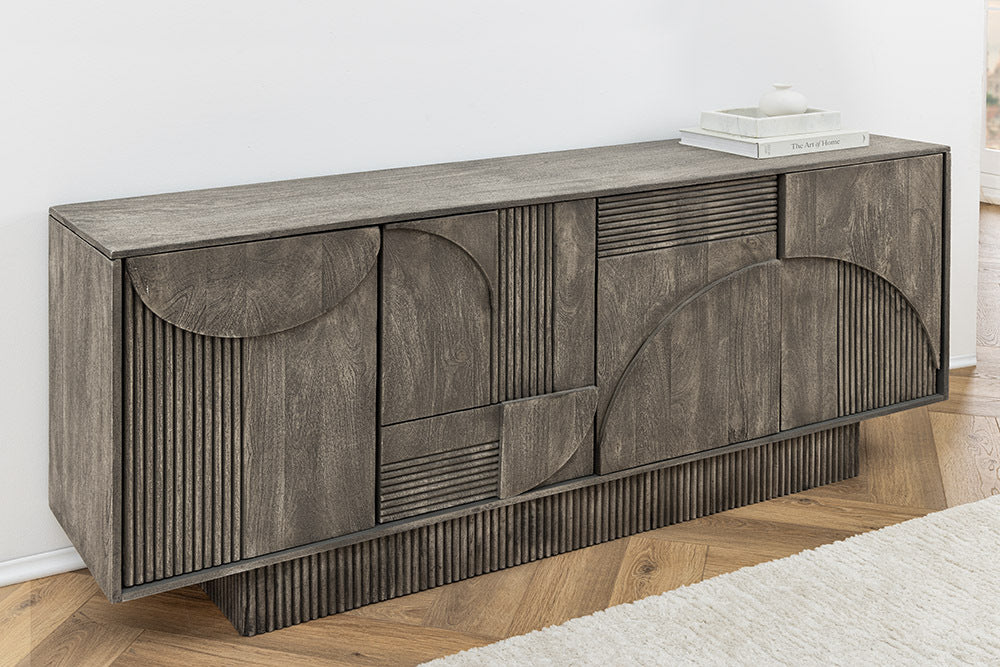 ART DECO Design Sideboard 170cm grau smoked Mangoholz massiv 3D-Front