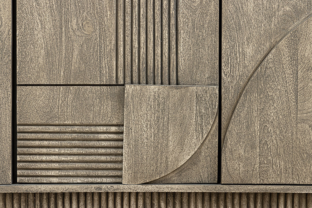 ART DECO Design Sideboard 170cm grau smoked Mangoholz massiv 3D-Front