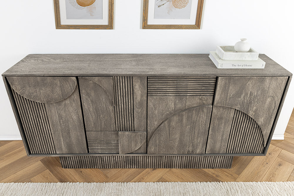 ART DECO Design Sideboard 170cm grau smoked Mangoholz massiv 3D-Front