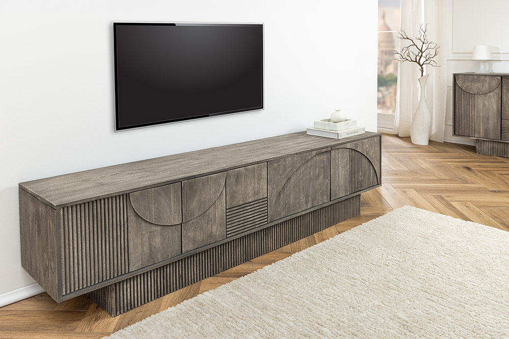 ART DECO Massivholz TV-Lowboard 200cm grau smoked Mangoholz 3D-Front