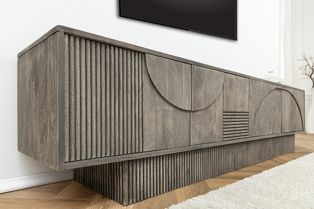 ART DECO Massivholz TV-Lowboard 200cm grau smoked Mangoholz 3D-Front