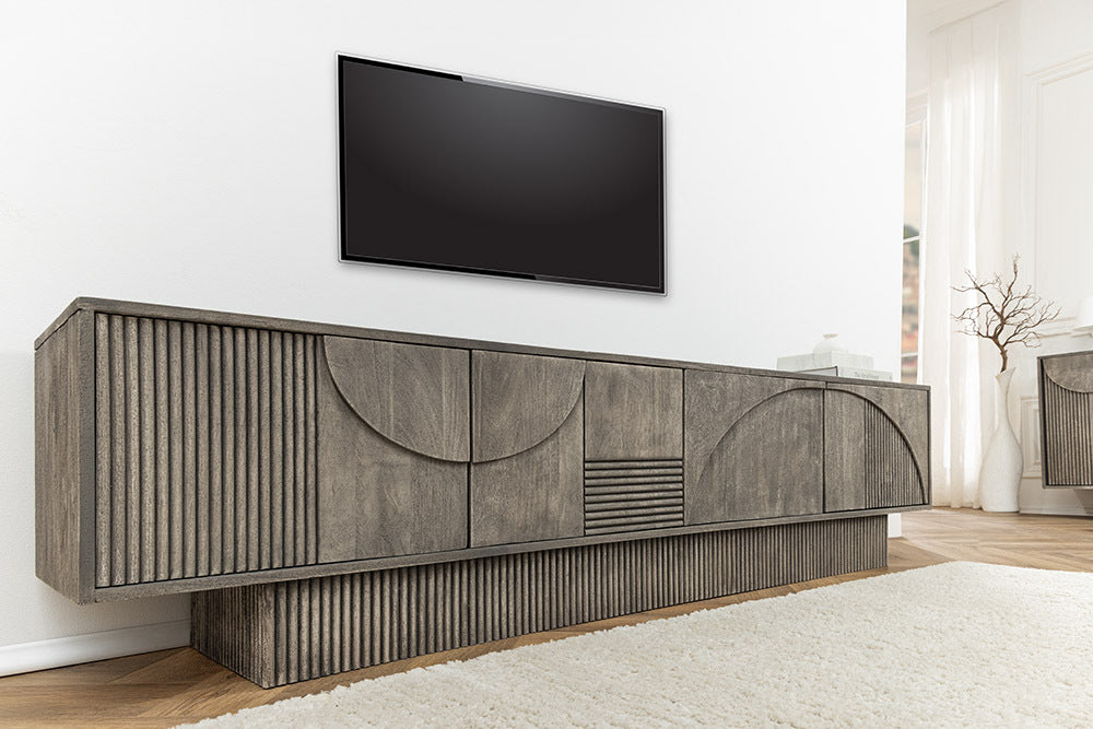 ART DECO Massivholz TV-Lowboard 200cm grau smoked Mangoholz 3D-Front