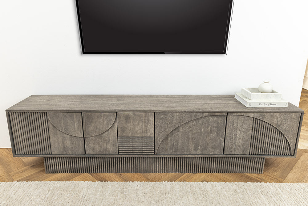 ART DECO Massivholz TV-Lowboard 200cm grau smoked Mangoholz 3D-Front