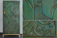 PEACOCK Massives Highboard 170cm grün Mangoholz Schnitzerei Pfauenmotiv