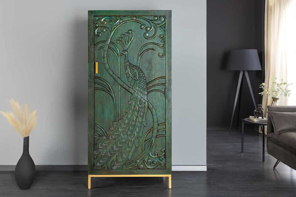 PEACOCK Massives Highboard 170cm grün Mangoholz Schnitzerei Pfauenmotiv
