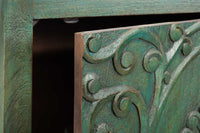 PEACOCK Massives Highboard 170cm grün Mangoholz Schnitzerei Pfauenmotiv