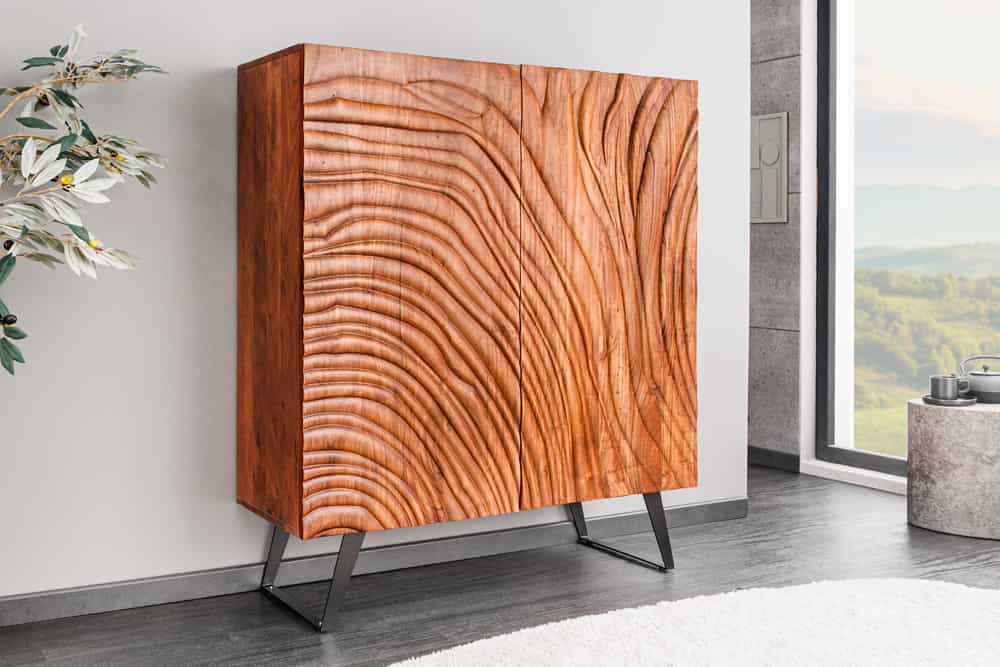FLUID Massives Highboard 120cm walnuss-braun Akazienholz 3D-Design Kufengestell