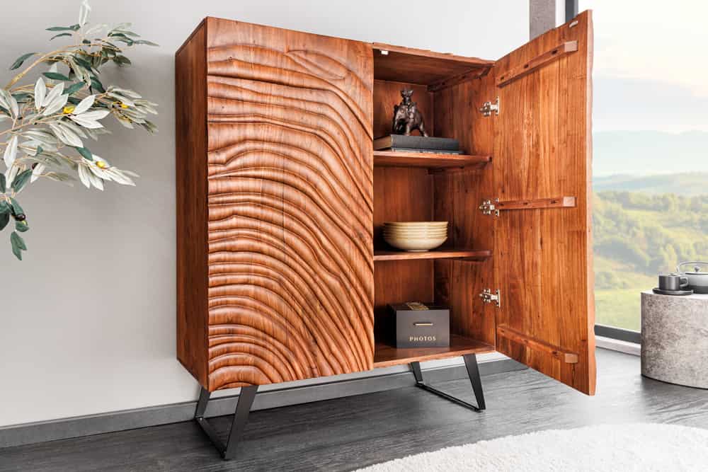 FLUID Massives Highboard 120cm walnuss-braun Akazienholz 3D-Design Kufengestell