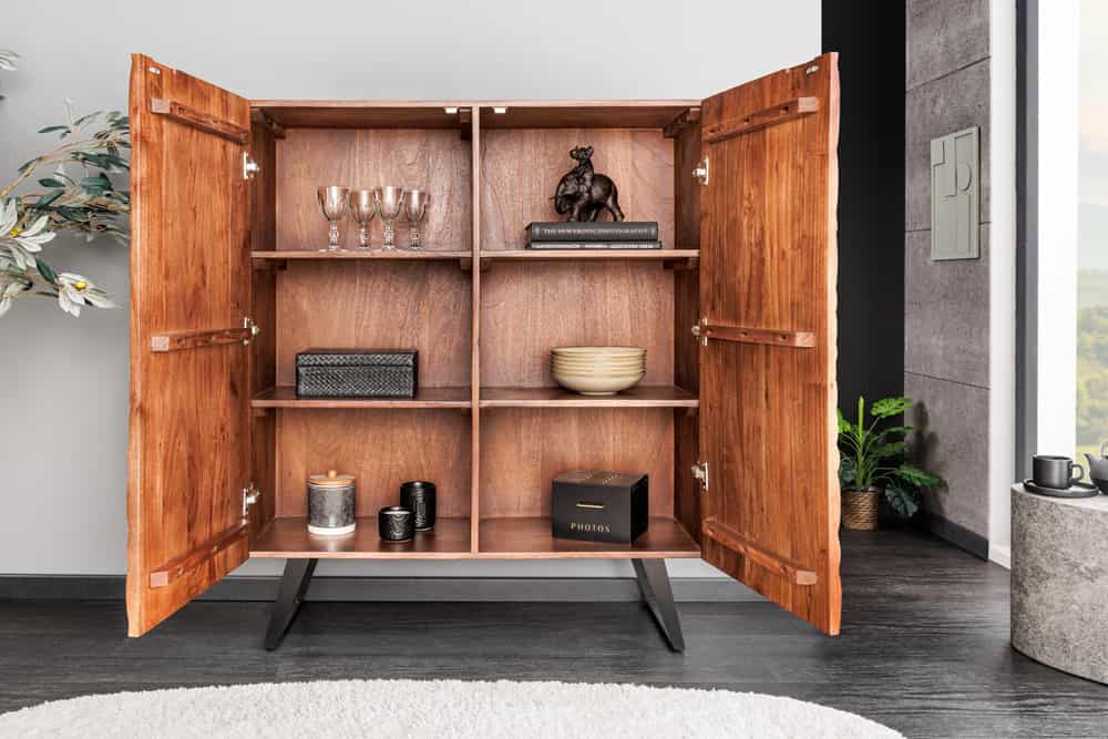 FLUID Massives Highboard 120cm walnuss-braun Akazienholz 3D-Design Kufengestell
