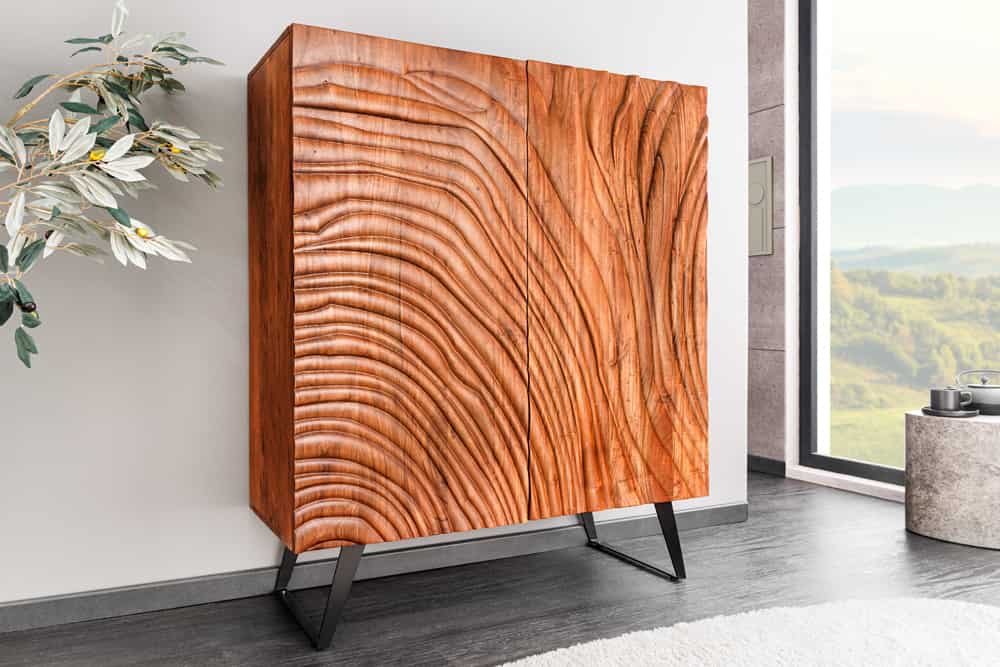 FLUID Massives Highboard 120cm walnuss-braun Akazienholz 3D-Design Kufengestell