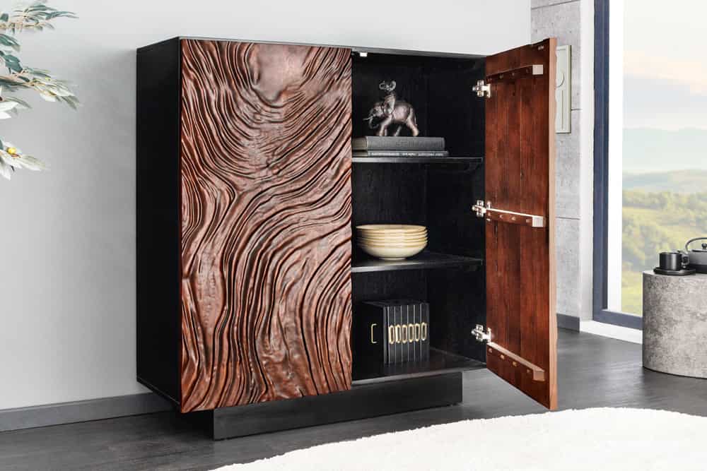 FLUID Massives Highboard 110cm walnuss-braun Akazienholz aufwendiges 3D-Design