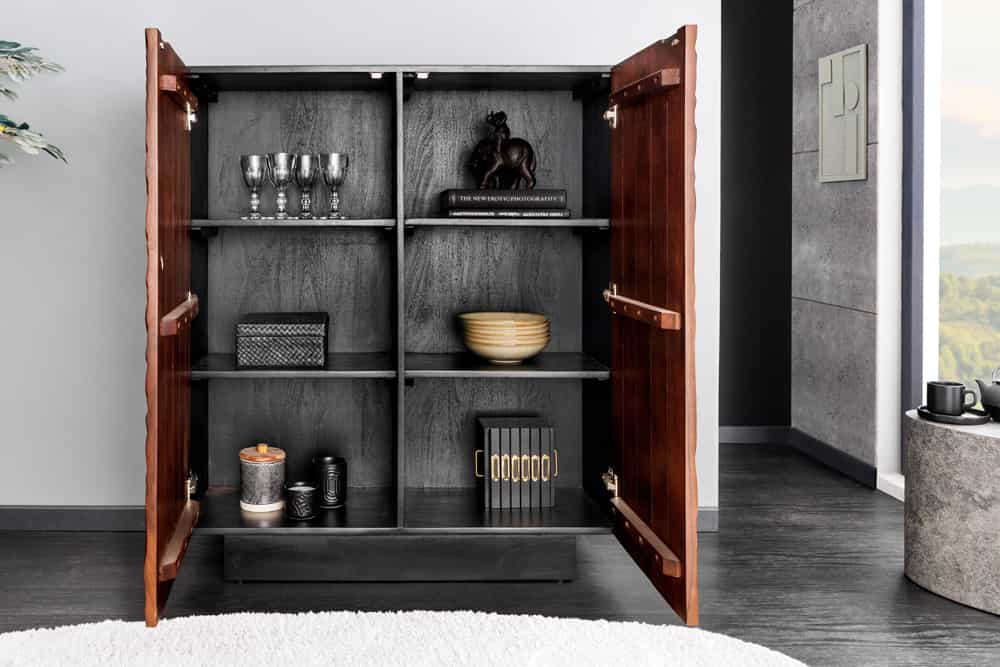 FLUID Massives Highboard 110cm walnuss-braun Akazienholz aufwendiges 3D-Design
