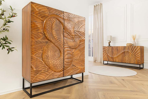 Massives Highboard SNAKE 120cm Mangoholz Schlangen-Design