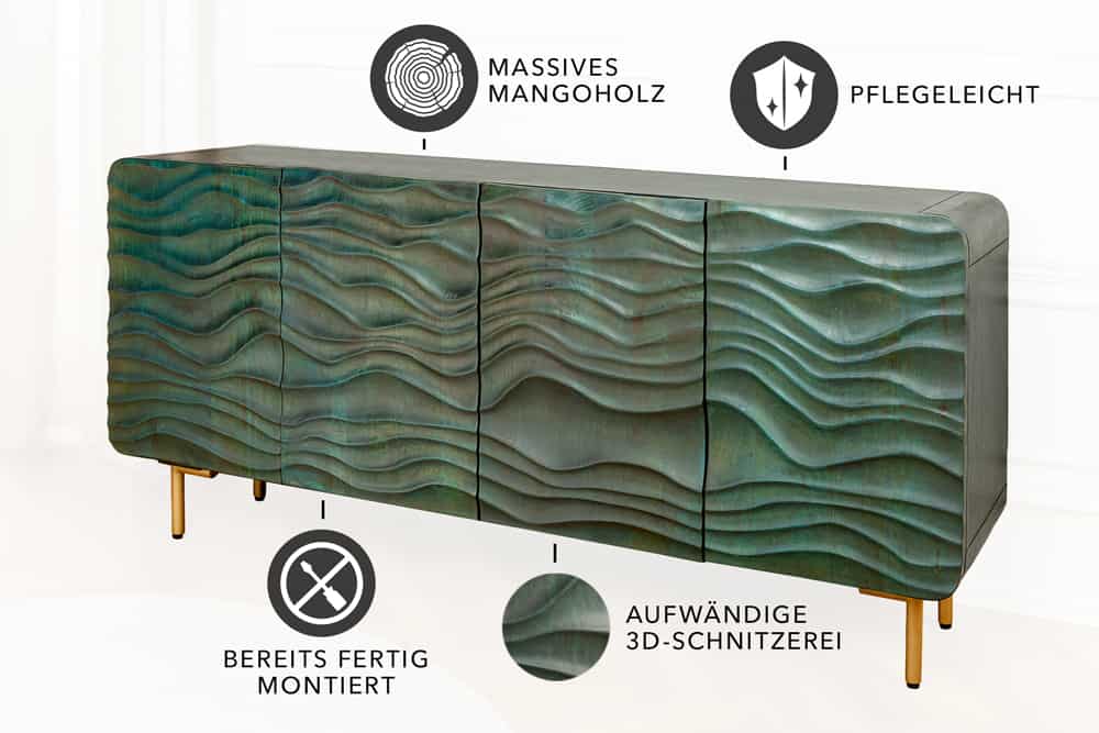 Design Sideboard WAVE 160cm Mangoholz Massivholz mattgold Metallbeine