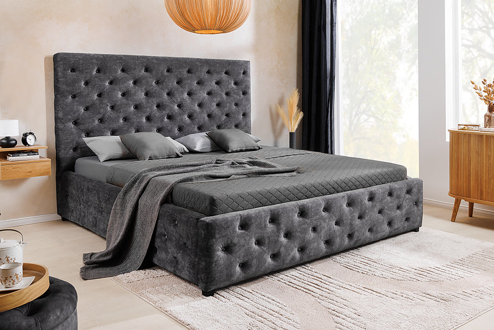 PARIS Design Boxbett Samt Grau Chesterfield Doppelbett