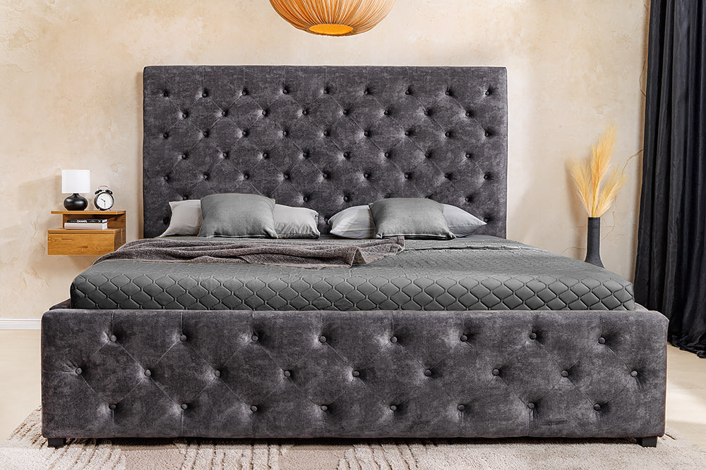 PARIS Design Boxbett Samt Grau Chesterfield Doppelbett