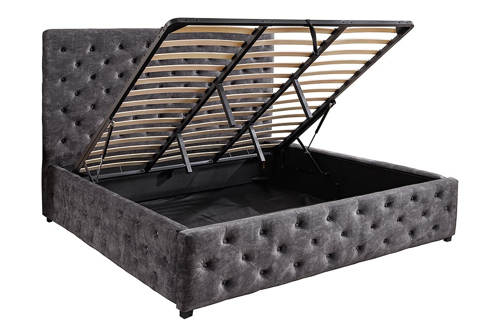 PARIS Design Boxbett Samt Grau Chesterfield Doppelbett