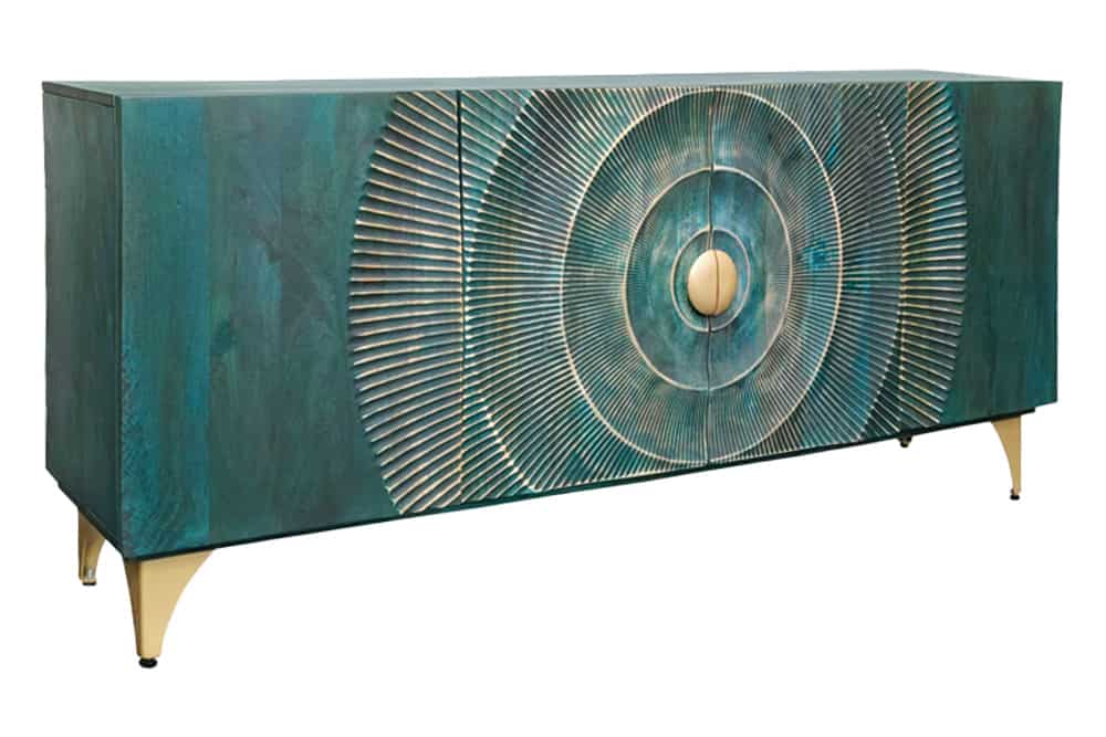 Handgearbeitetes Sideboard GOLDEN SUNSET 180cm türkis gold Mangoholz Metallbeine