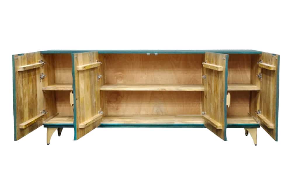 Handgearbeitetes Sideboard GOLDEN SUNSET 180cm türkis gold Mangoholz Metallbeine