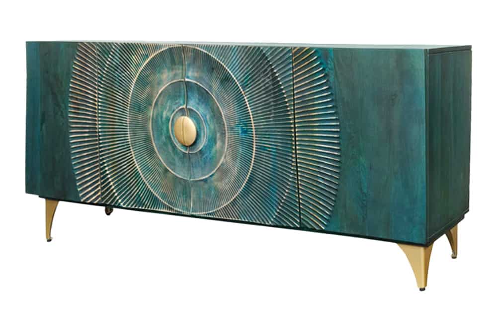 Handgearbeitetes Sideboard GOLDEN SUNSET 180cm türkis gold Mangoholz Metallbeine