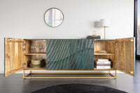 Massives Sideboard SCORPION 180cm türkis Mangoholz gold Metall 3D Schnitzereien