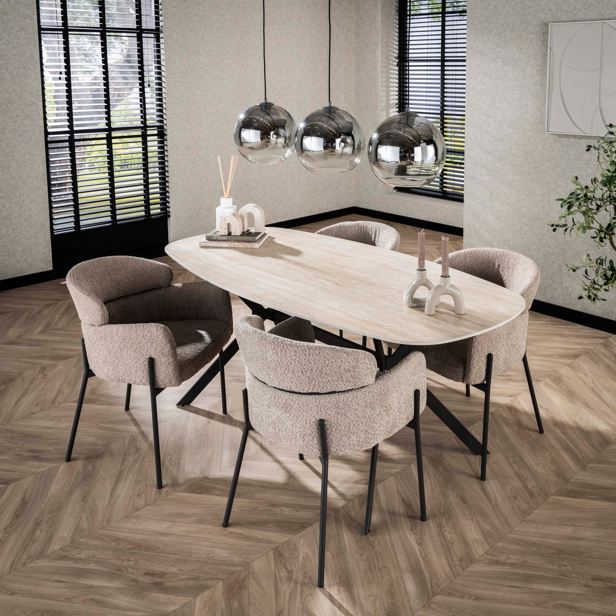 ROMANO Esstisch oval Keramik beige Travertinoptik 180cm Stahlgestell schwarz