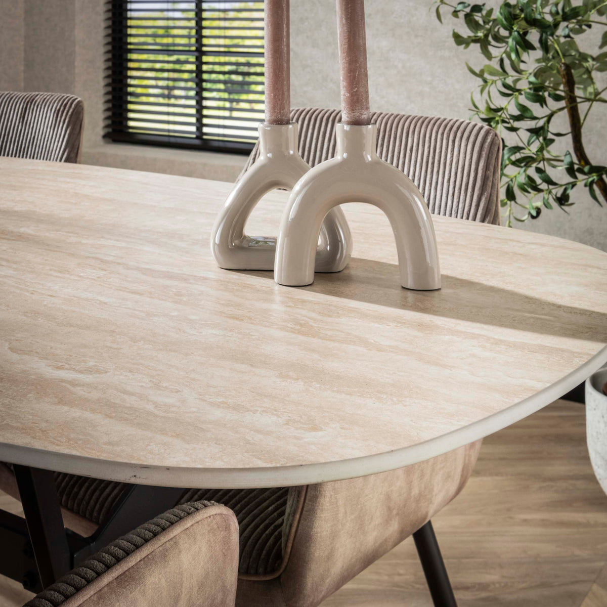 ROMANO Esstisch oval Keramik beige Travertinoptik 180cm Stahlgestell schwarz