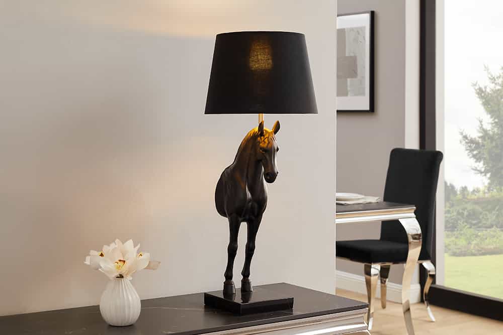 BLACK BEAUTY Extravagante Tischlampe 75cm schwarz gold Pferde-Skulptur