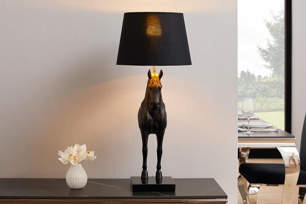 BLACK BEAUTY Extravagante Tischlampe 75cm schwarz gold Pferde-Skulptur