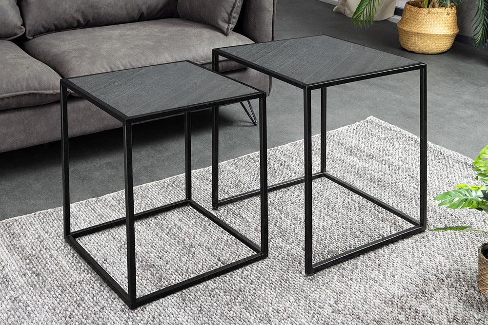 MOUNTAIN SOUL Quadratisches 2er Set Beistelltische 60cm schwarz Naturstein Metall