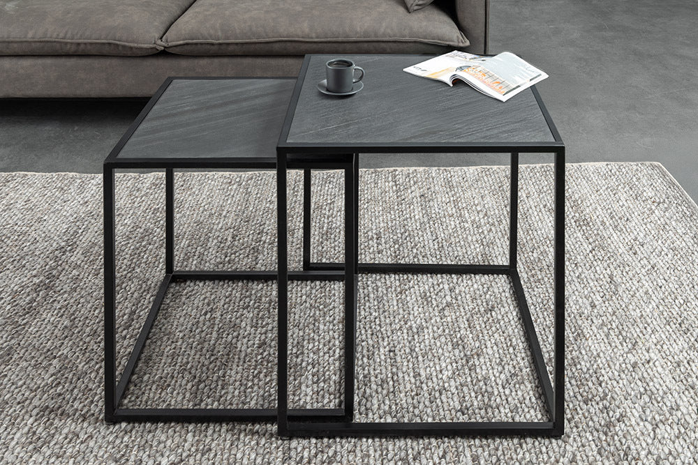 MOUNTAIN SOUL Quadratisches 2er Set Beistelltische 60cm schwarz Naturstein Metall