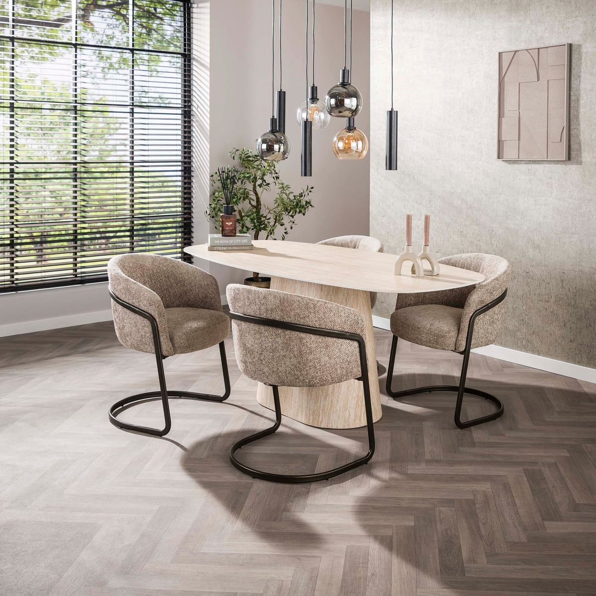 CENTRO Esstisch dänisch oval Keramik 180cm Travertinoptik