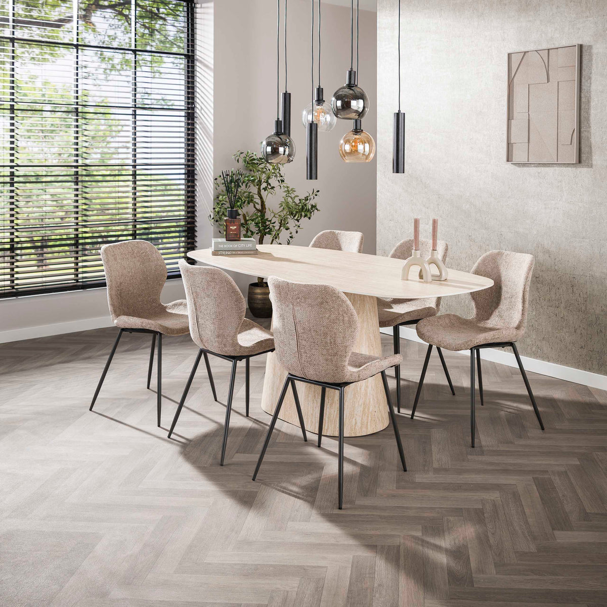 CENTRO Esstisch dänisch oval Keramik 180cm Travertinoptik