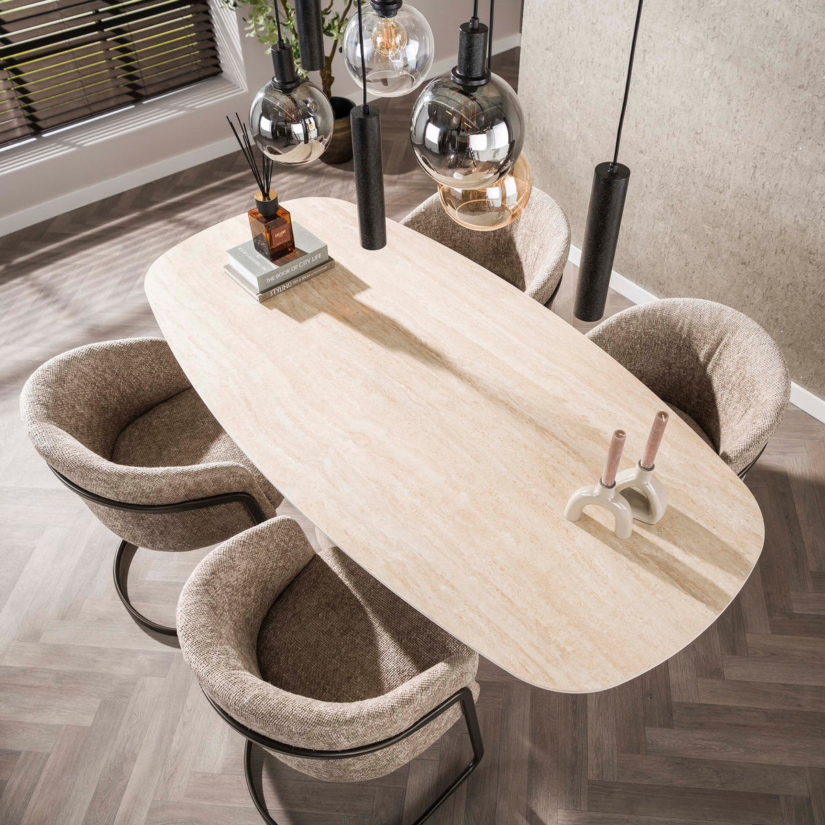CENTRO Esstisch dänisch oval Keramik 180cm Travertinoptik