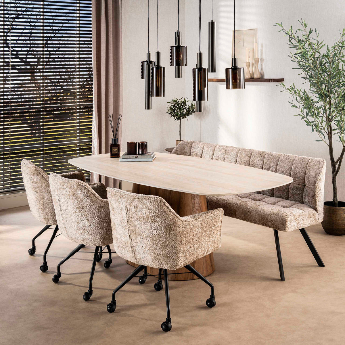 ROMANO CENTRO Esstisch oval Keramik weiß Travertinoptik 215cm