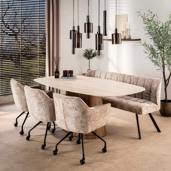 ROMANO CENTRO Esstisch oval Keramik weiß Travertinoptik 215cm