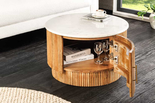 TRES CHIC Runder Couchtisch 60cm weiß Marmor braun Mangoholz mit Stauraum