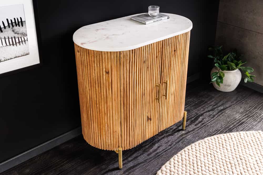 TRES CHIC  Massives Sideboard  75cm braun Mangoholz weiß Marmor gold Metall