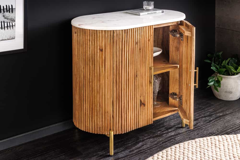 TRES CHIC  Massives Sideboard  75cm braun Mangoholz weiß Marmor gold Metall