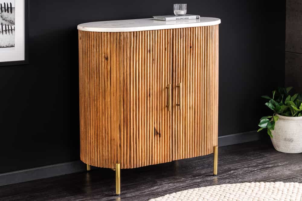 TRES CHIC  Massives Sideboard  75cm braun Mangoholz weiß Marmor gold Metall