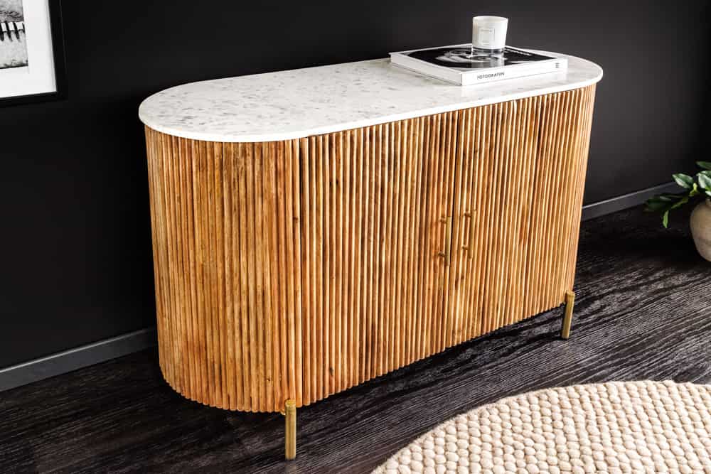 TRES CHIC Massives Sideboard 105cm braun Mangoholz weiß Marmor gold Metall