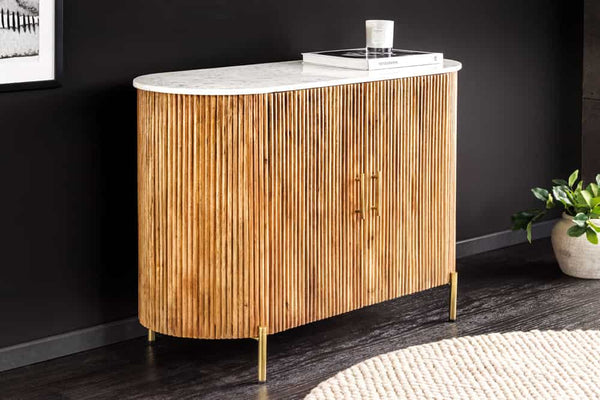 TRES CHIC Massives Sideboard 105cm braun Mangoholz weiß Marmor gold Metall